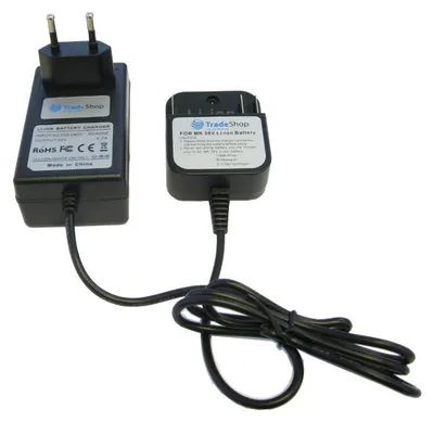A black battery charger with a plug and a charging adapter connected by a black cable, set against a white background.