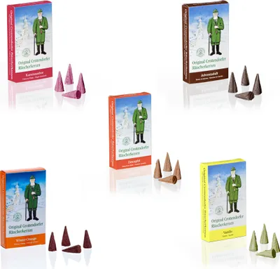 Produktbild von Crottendorfer Räucherkerzen 5er Set Kaminzauber / Zimtapfel  / Winterorange / Adventsduft / Vanille - Inhalt jeweils 24 Stück, Größe M (Standard)