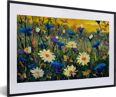 Produktbild von MuchoWow® Gerahmtes Poster Ölfarbe - Blumen - Malerei 60x40 cm - Poster mit Schwarzem Bilderrahmen Wandposter Rahmen Foto Bilder - Schlafzimmer - Plakat in Rahmen - Drucken