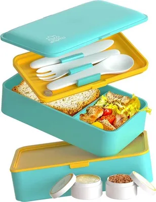 Image de Boîte à lunch étanche avec compartiments pour adultes, comprenant des couverts et 2 petits pots à sauce