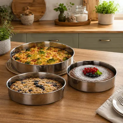 Produktbild von Kochmann Edelstahl Backblech rund 3er-Set Ø 28/32/36cm Backofenblech Backform Auflaufform – langlebig, spülmaschinenfest – geeignet für alle Herdarten
