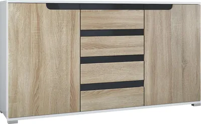 Produktbild von Vladon Sideboard Sylt V1, Kommode mit 2 Türen und 4 Schubladen, Korpus - Weiß matt / Front - Eiche sägerau / Absetzung - Schwarz Hochglanz (138,5 x 75,5 x 35 cm)