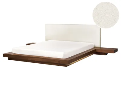 Produktbild von BELIANI LED-Bett Braune Esche Bouclé u. MDF-Platte Holzoptik Lattenrost 160x200cm Nachttische Hohes Kopfteil Japanischer Stil Plattform-Bett Futonbett