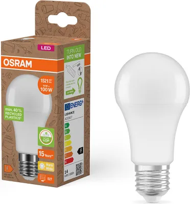 Produktbild von Osram LED A60 Birne 14W = 100W E27 matt 1521lm warmweiß 2700K recycelter Kunststoff