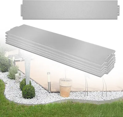A stack of metal garden edging pieces shown above a garden scene with grass, gravel, plants, and a pathway.
