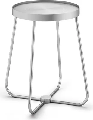 A silver plant stand with a round top and three legs.