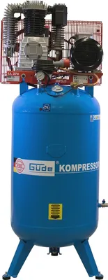 A blue air compressor with a silver and red top unit, set against a white background.