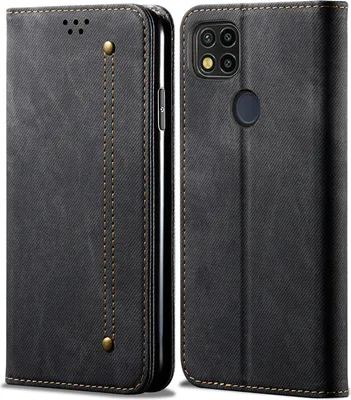 Produktbild von Redmi 9C Hülle, LaimTop Denim Leder Brieftasche Magnetverschluss Flip Bookstyle Schutzhülle mit Standfunktion für Xiaomi Redmi 9C Schwarz