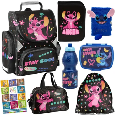 A collage of school supplies featuring Lilo & Stitch characters.