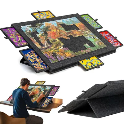 Produktbild von Juksun Puzzleplatte 77x53.6cm Filz grau mit 6 Schubladen Ständer und Schutzhülle für 1000 Teile