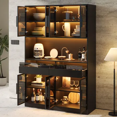 Produktbild von Merax Vitrine, Glasvitrine mit LED-Beleuchtung, 8 Glastüren, 2 Schubladen und offenem Fach, Vitrinenschrank als Sideboard und Buffetschrank, Schwarz