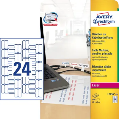 Immagine prodotto di Avery L7950 - Etichette in film poliestere lucido - bianco - 60 x 40 mm - 24 etichette (1 foglio x 24) (L7950-20)