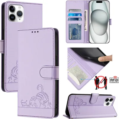 Produktbild von Leder Hülle für iPhone 11 Pro Süße Katze Flip Case Brieftasche Schutzhülle mit Standfunktion Lila