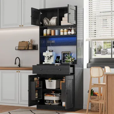 Immagine prodotto di Armadio da cucina alto, 180 cm, con illuminazione a LED e presa di corrente, colore nero, dimensioni 72x40x180 cm