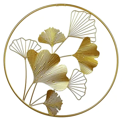 Produktbild von Wanddekoration Metall gold rund Ginkgo Blattmuster 45 cm