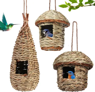 Immagine prodotto di Casette per uccelli da appendere, set da 3, in paglia, adatte a piccoli uccelli, per il giardino