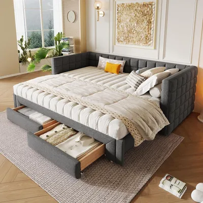 Immagine prodotto di Letto a scomparsa 90x200 cm, estendibile a 180 cm (matrimoniale), con 2 cassetti, rivestito in velluto grigio