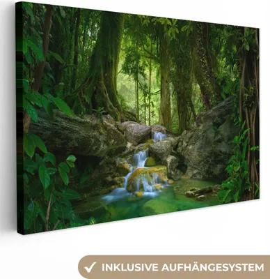 Produktbild von MuchoWow® - Leinwandbilder - Dschungel - Steine - Wasser - Natur - Pflanzen, Wandbild, Wanddeko Bilder Wohnzimmer, 120x80 cm