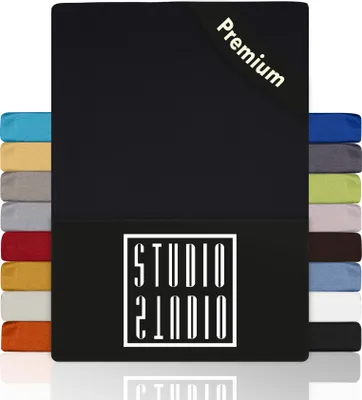 Produktbild von STUDIO Premium Spannbettlaken 90x200cm - 100x220cm, 170g/m² gekämmte Baumwolle mit 3% Elasthan,  100, Bettlaken auch für hohe Matratzen, Boxspringbetten und Wasserbetten bis 35cm - Schwarz