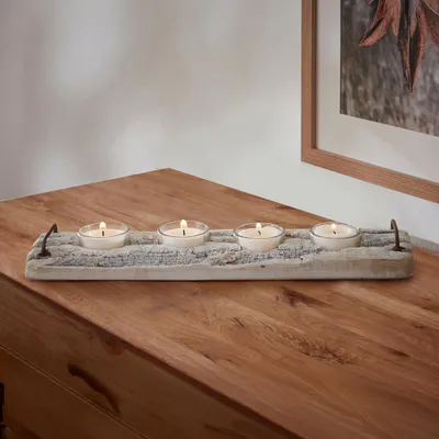 Produktbild von Rustikaler Teelichthalter "Weiße Rinde" aus Holz, Weiß, 34 x 8 cm