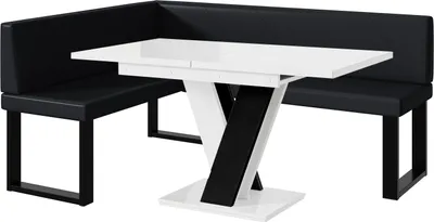 Produktbild von MEBLINI Eckbank für Esszimmer mit ausziehbarem Tisch  - Küchenbank - Essecke - Sitzecke Küche - ERIC - U-Beine 128x168x87cm Links - Schwarz Kunstleder/M Weiß-Schwarz Hochgl.