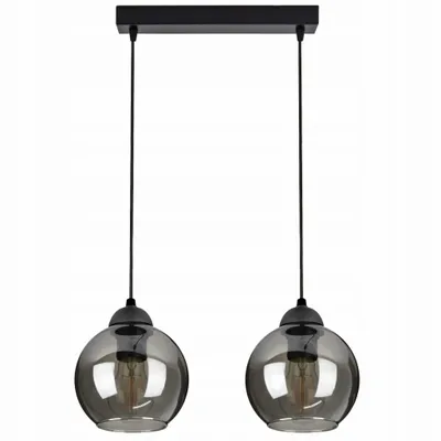A product shot of a black double pendant light with smoked glass globes against a white background.
