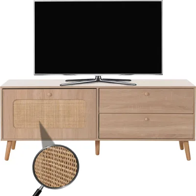 Immagine prodotto di Porta TV HWC-M38, tavolo TV basso Cassettiera per TV, anta a cassetto, legno di rattan Kubu 56x140x41cm effetto rovere