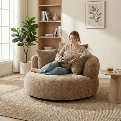 A woman is reading a book while sitting on a large, round, plush sofa in a living room.