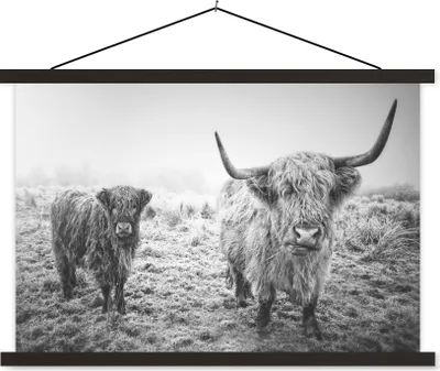 Produktbild von MuchoWow® Textilposter Schottische Hochlandbewohner - Licht - Himmel - Natur 60x40 cm mit schwarzem Rahmen - Hölzernes