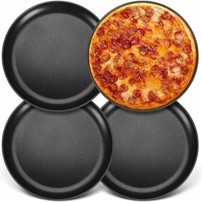 Produktbild von Famanu Pizzablech Set 4 Stück - Durchmesser 26 cm - Edelstahl - Antihaftbeschichtung - Schwarz