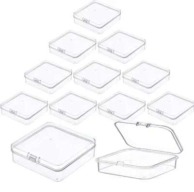 Immagine prodotto di 12 mini contenitori trasparenti con coperchio, dimensioni 9,5 x 9,5 x 2,8 cm