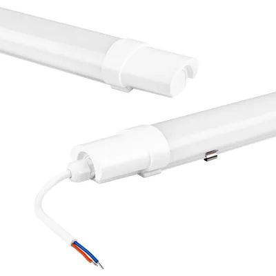 Two white LED tube lights are shown against a white background. One light is angled, showing its end cap and wires. The other light is positioned above and to the left, showing its end cap.