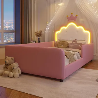 Immagine prodotto di Letto imbottito Merax 90x190 cm, letto a baldacchino con piattaforma e testiera a forma di , barra luminosa LED, sponde di sicurezza, letto per bambini in PU, letto per adolescenti, rosa