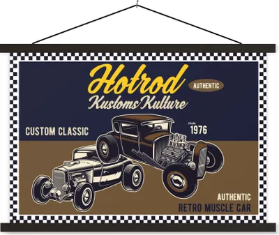 Produktbild von MuchoWow® Textilposter Mancave - Auto - Retro - Blau - Braun 150x100 cm mit schwarzem Rahmen - Schlafzimmer
