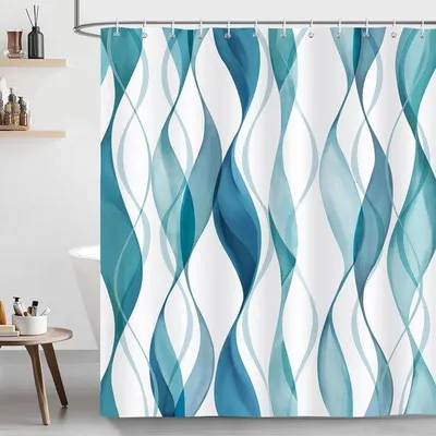 Produktbild von Unyqoos® Duschvorhang wasserdicht 100% Polyester, 180 x 180 cm – blaues Wellenstreifen-Design, schimmelresistent, inkl. 12 Kunststoffhaken & 12 Metallösen