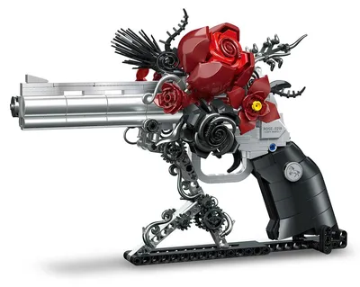 Produktbild von Gothic Rose Revolver Bausteine Set – schwarze & rote künstliche Blumen – Blaster-Modell, botanische Sammlung, künstlerisches Geschenk für Erwachsene