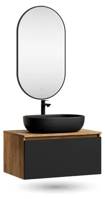 Produktbild von ARISA Badmöbel Set Schwarz – Mit "Glora" LED Spiegel und schwarzem Keramik-Aufsatzwaschbecken 60 cm