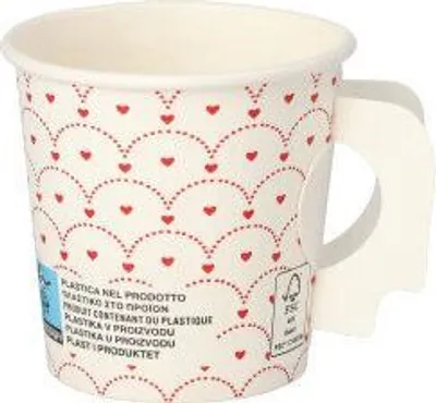 Produktbild von 500 Trinkbecher mit Henkel, Pappe 0,1 l Ø 6,3 cm · 6,2 cm weiss "Hjärtan"