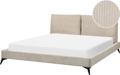 Produktbild von BELIANI Polsterbett Taupe Cord mit Lattenrost 180 x 200 cm Hohes Kopfteil Schwarze Metallfüße Modernes Design Schlafzimmer Ausstattung Möbel
