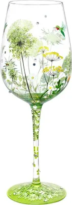 Productafbeelding van DigiRigi® Handgeschilderd wijnglas 15 oz – Bloemen, vogel en libelle, kristalaccenten, 8,8 x 3,3 x 3,3 inch
