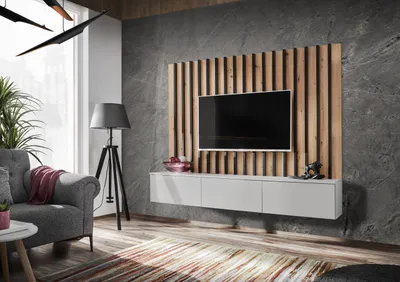 A modern living room with a wall-mounted TV unit.