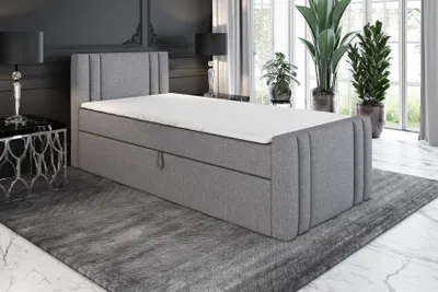 Produktbild von Boxspringbett, Jugendbett KLAUS 90x200 (Rechts) mit Bettkästen, Bonell-Matratze und Topper. Farbe: Grau.