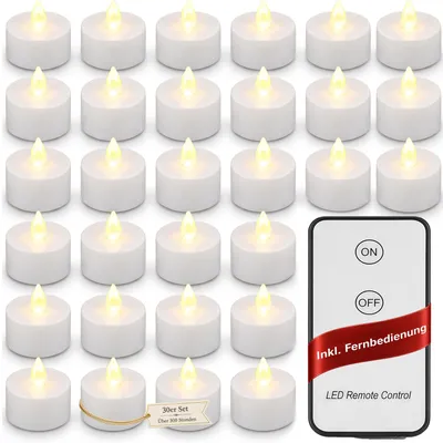 Produktbild von MONZANA® Teelichter LED +300H elektrisch flackernd mit Fernbedienung mit Batterien flammenlose realistische Kerzen hell warm weiß 30er Set je 3,7cm