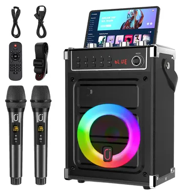 Zdjęcie produktu dla Urządzenie do karaoke, moc wyjściowa 40 W, łączność Bluetooth 5.3, wymiary: 12,5 x 10,5 x 6,0 cali, zasięg mikrofonu: do 100 stóp, czas pracy na baterii: do 5 godzin