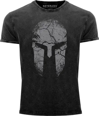 Produktbild von Herren Vintage Shirt Aufdruck Sparta Helm Spartan Warrior Printshirt T-Shirt Used Look Slim Fit Neverless®  schwarz L
