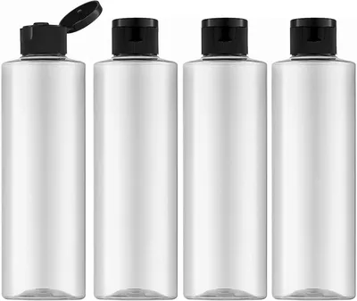 Produktbild von Set mit 4 Reisefläschchen, 250 ml, leer, Kunststoff, mit Klappverschluss, für Kosmetik, mit Trichter, transparent