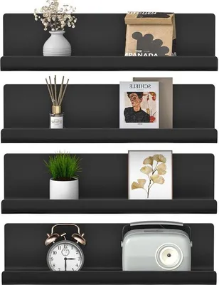 Productafbeelding van Unyqoos® 4-delige set zwarte zwevende wandplanken, 32 cm, kunststof, draagvermogen tot 5 kg – zelfklevend of met schroeven te bevestigen, geschikt voor woonkamer, keuken, badkamer