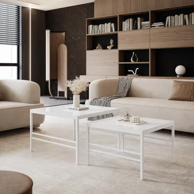 Produktbild von Idohome - Moderner Couchtisch FORMA 2in1 70/60 cm für das Wohnzimmer 2er Set mit Metalgestell Kaffeetisch Wohnzimmertisch Weiß / Weiß Hochglanz