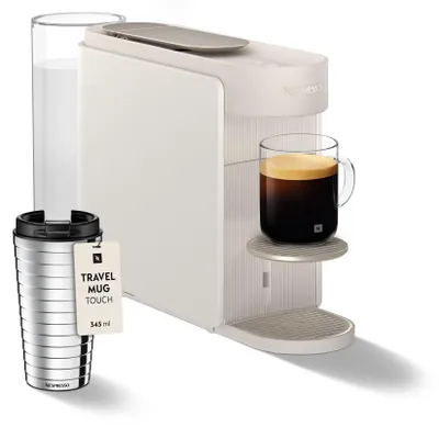 Produktbild von NESPRESSO DELONGHI Vertuo Up Weiß Kapselmaschine + Travel Mug Touch Thermobecher | Vielseitiger Kaffeegenuss für Zuhause & unterwegs | ENV200.W