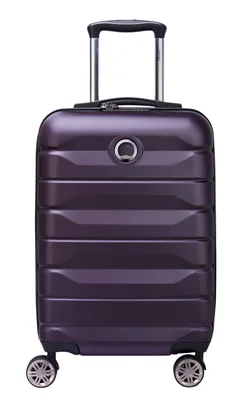 A studio shot of a purple Delsey Paris cabin trolley.